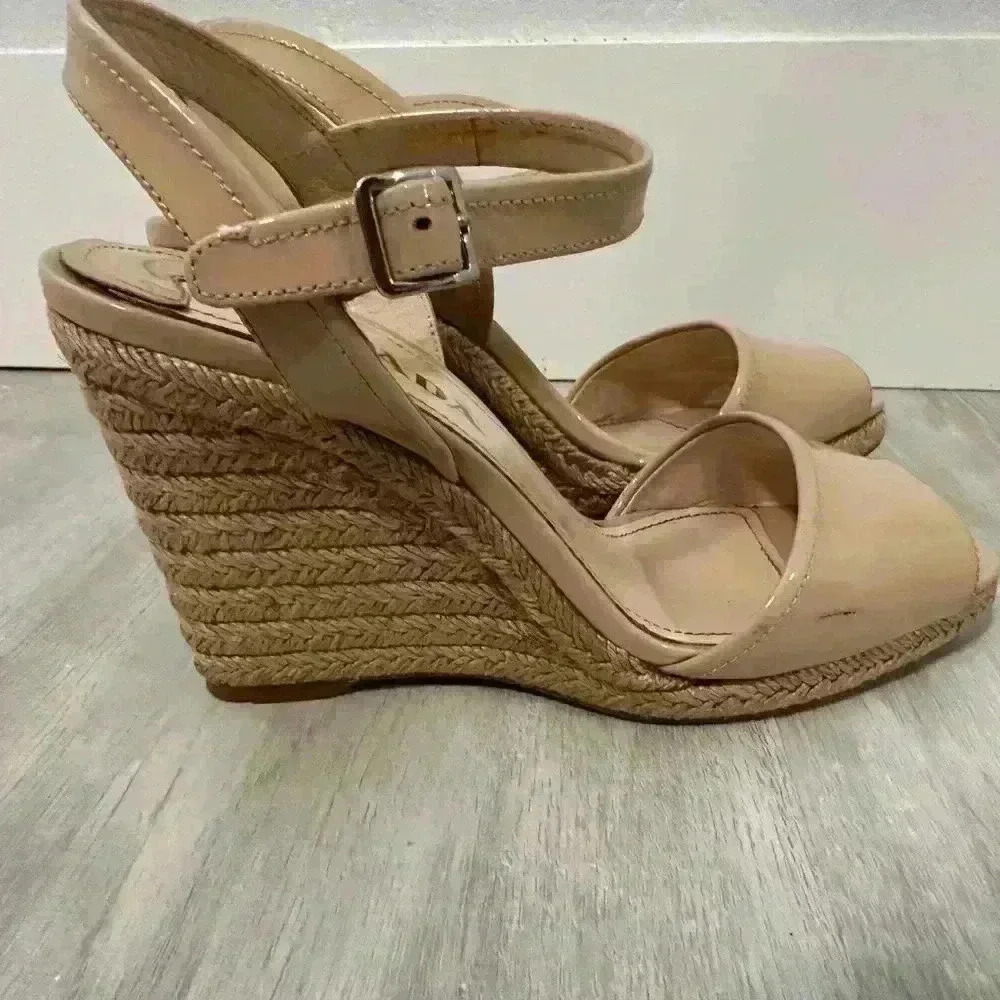 Prada Patent Leather Espadrille Wedge Sandals Beige Size 37 us 6.5